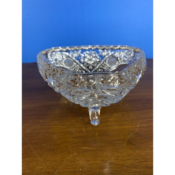 Vintage Clear Tri-Footed Triangle Cut Glass Dish No Lid Star Design - Picture 3 of 16